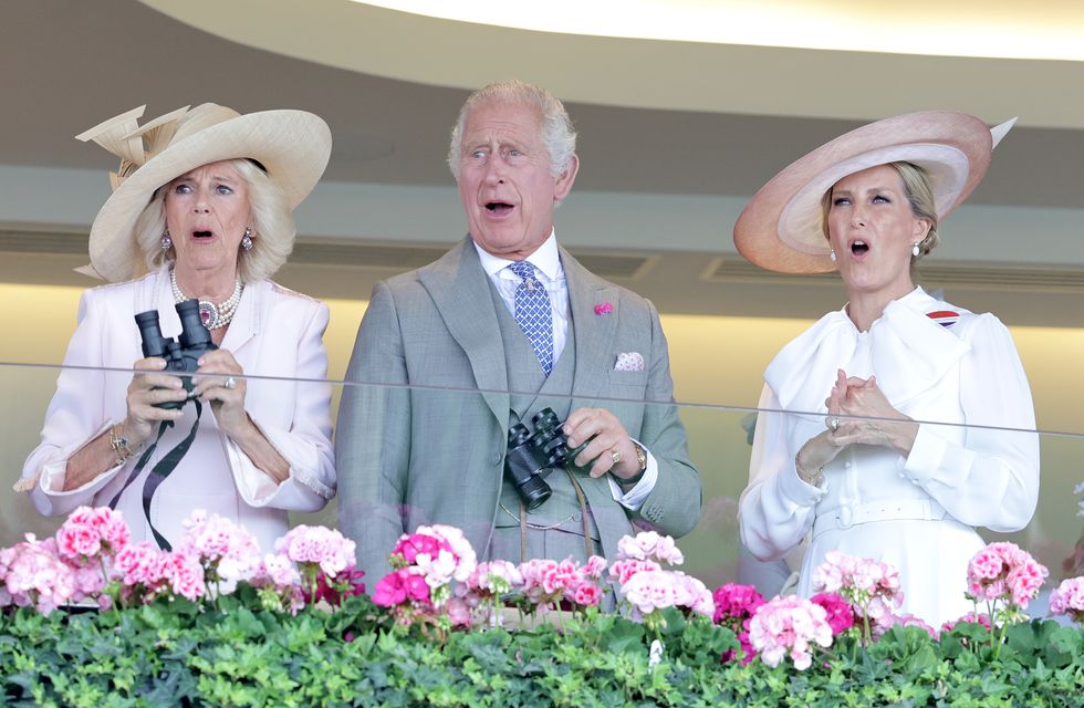 ascot, england june 21 queen camilla, king charles iii and sophie, duchess of edinburgh watch a race during day two of royal ascot 2023 at ascot racecourse on june 21, 2023 in ascot, england photo by chris jacksongetty images