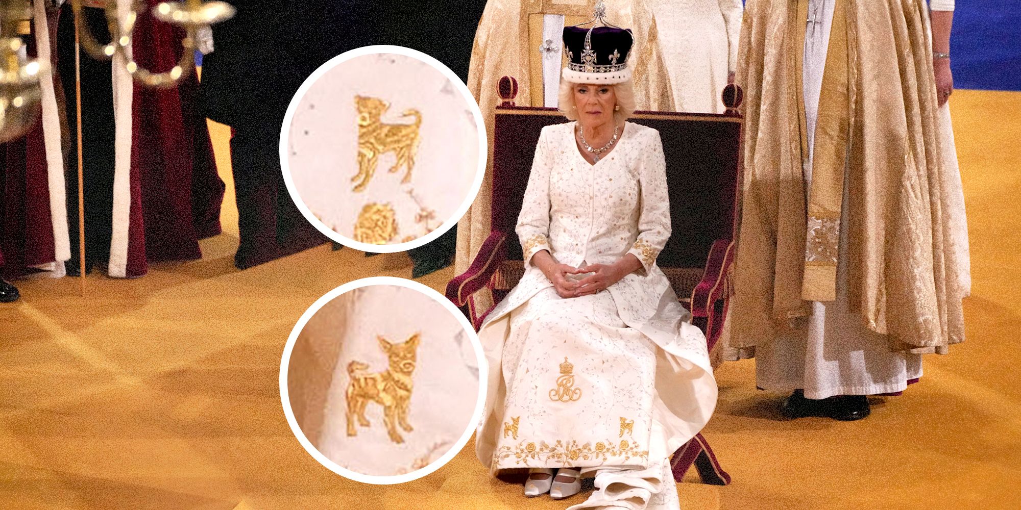 カミラ王妃の戴冠式のドレスには愛犬の刺繍が施されていた！