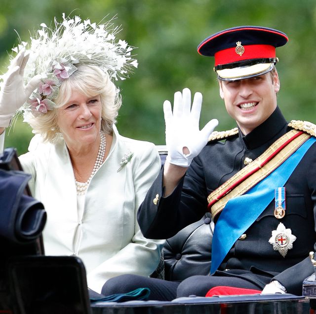 camilla duchess of cornwall and prince william travel down the mall in a horse drawn carriage during the annual trooping the colour parade on june 14 2008