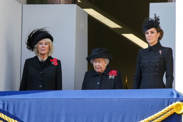 Camilla Parker-Bowles, Queen Elizabeth II en Kate Middleton tijdens Remembrance Day