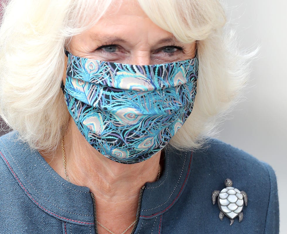 camila parker, duquesa de cornualles, luce mascarilla de diseño y un original broche