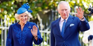 camilla, queen consort, and king charles iii wearing blue outfits and waiving off camera