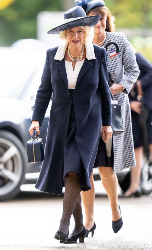 Queen Camilla Wears a Navy and White Collared Dress to the Ascot Racecourse
