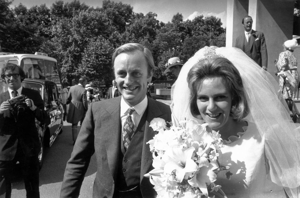 Canilla and Andrew Parker Bowles outside the Guards' Chapel on their wedding day