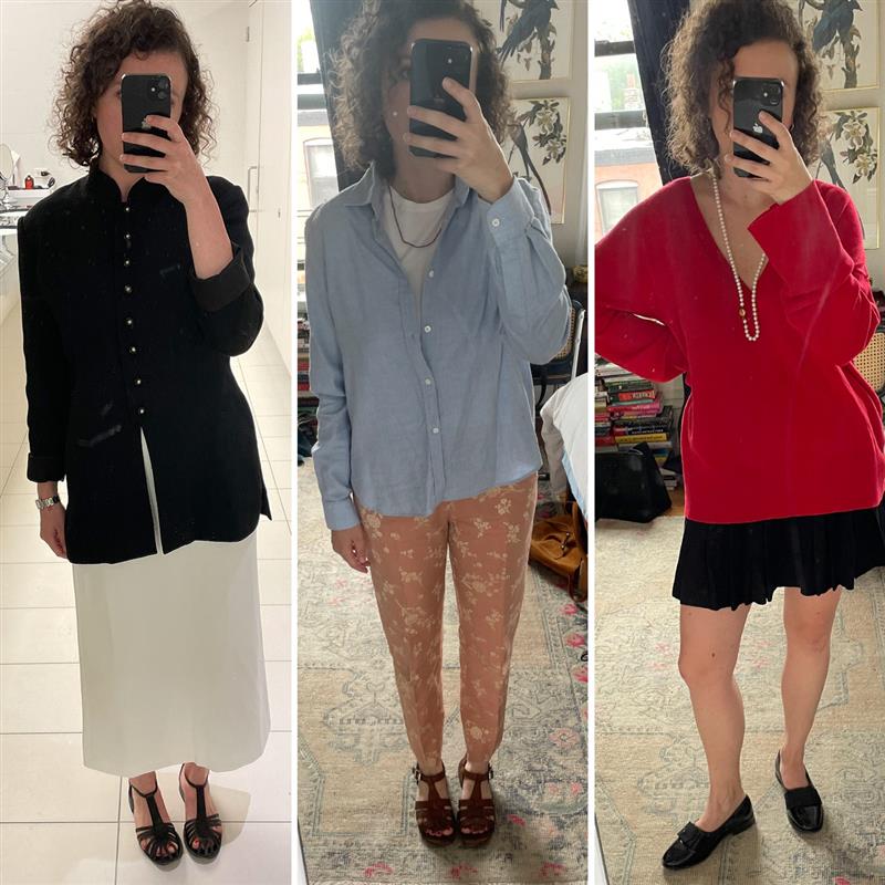 three outfit styles displayed by a person