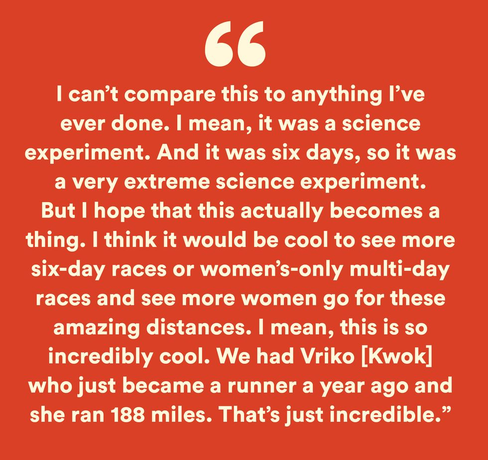 i cant compare this to anything ive ever done it was a science experiment and it was six days so it was a very extreme science experiment but i hope that this actually becomes a thing i think it would be cool to see more six day races or womens only multi day races and see more women go for these amazing distances this is so incredibly cool we had vriko kwok who just became a runner a year ago and she ran 188 miles thats just incredible