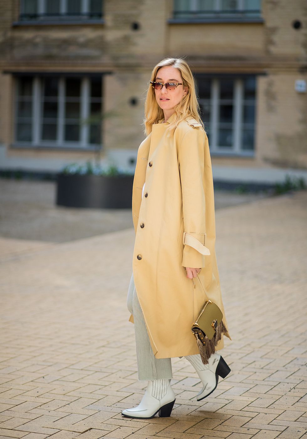 Clothing, Street fashion, White, Yellow, Outerwear, Trench coat, Fashion, Coat, Footwear, Beige, 