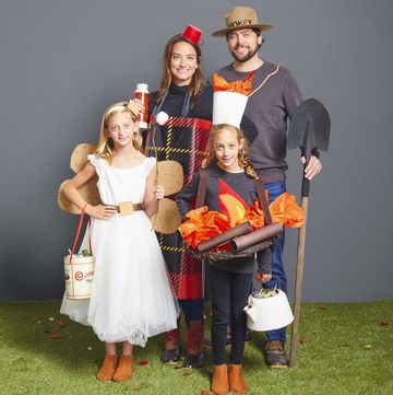 family dressed in campfire halloween costumes
