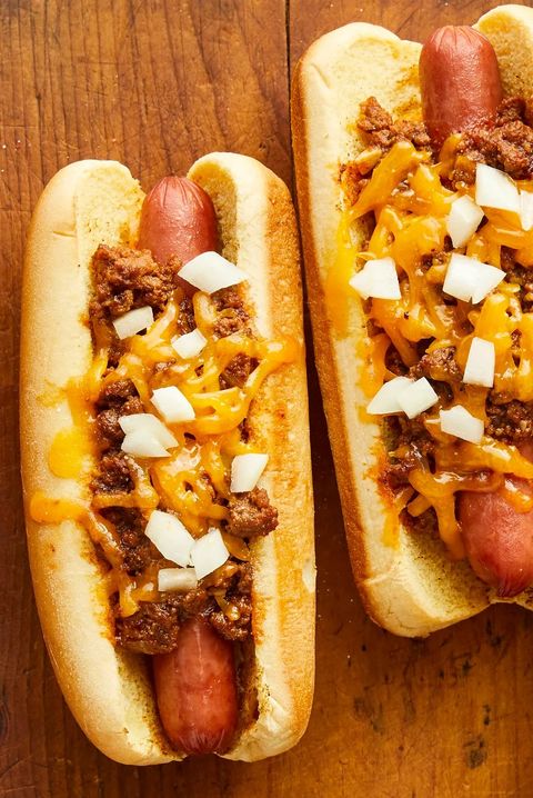 chipotle chili hot dogs with cheese and onion