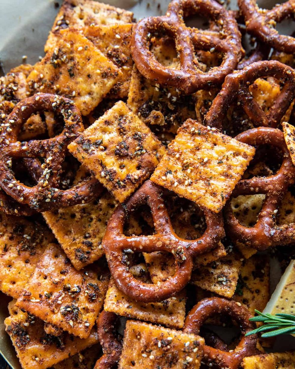 everything ranch crackers and pretzels in a metal bowl