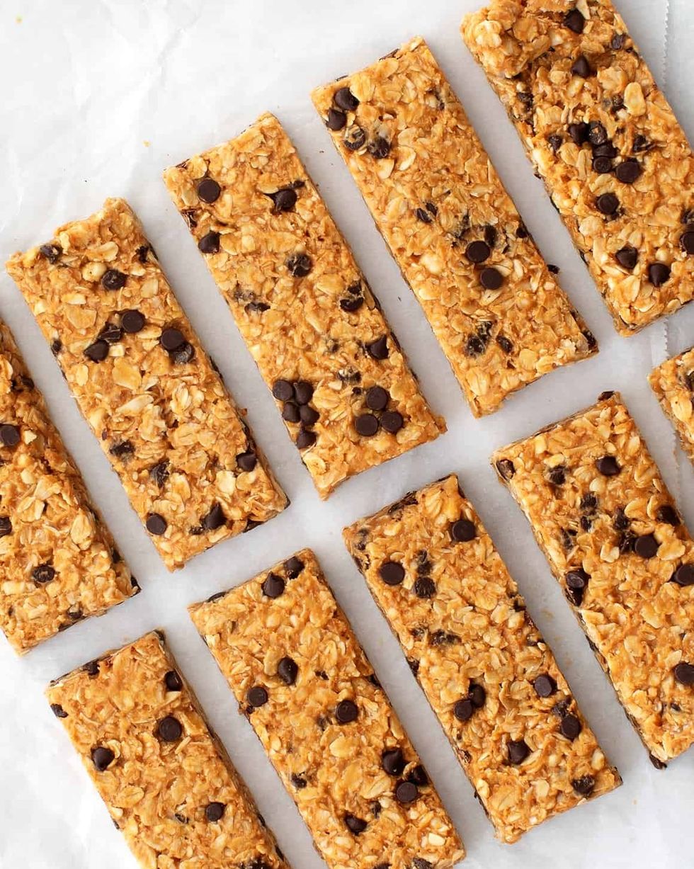 homemade granola bars lined up on parchment paper