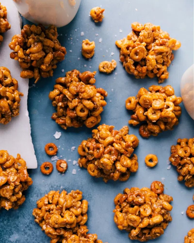 peanut butter cereal bites on a sheet tray