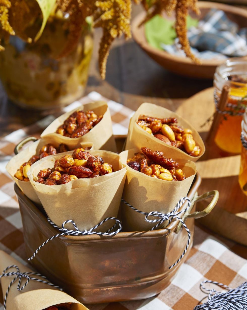 spicy and sweet snack mix in paper cones