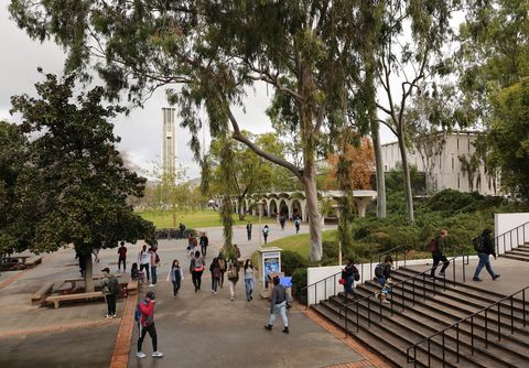 a view of the uc riverside bell tower taken on january 18, 2019, just outside olmsted hall the photo is taken around the same spot to copy a photo taken by photographer ansel adams in 1968 ucrstan lim