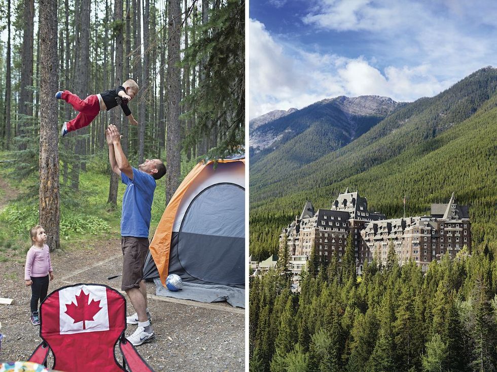 Links De familie Harper vermaakt zich tijdens een kampeertrip bij Two Jack Lake Rechts Het Fairmont Banff Springs Hotel wordt het kasteel van de Rockies genoemd