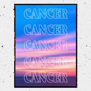 the stylized word cancer is repeated over a sunset background