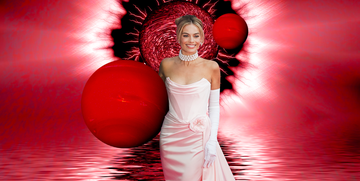 margot robbie in a pink dress over a red background with different planets