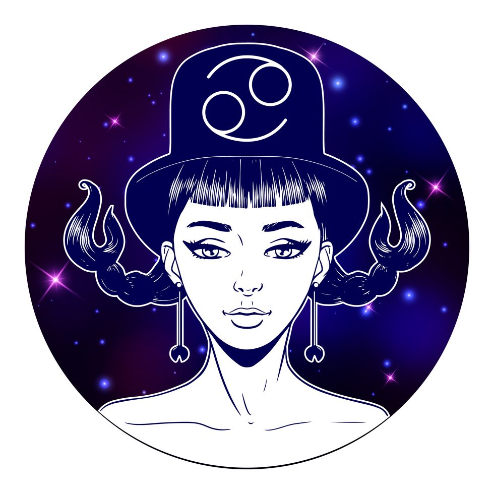 cancer zodiac sign artwork, beautiful girl face, horoscope symbol, star sign, vector illustration