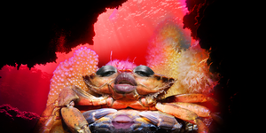 a sexy crab with human lips puckered