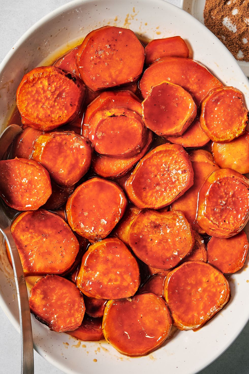 candied sliced yams in a dish