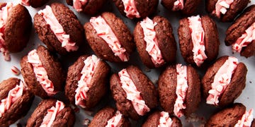 chocolate whoopie pies with a candy cane filling