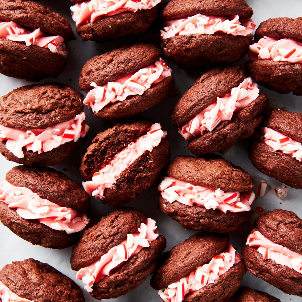 chocolate whoopie pies with a candy cane filling