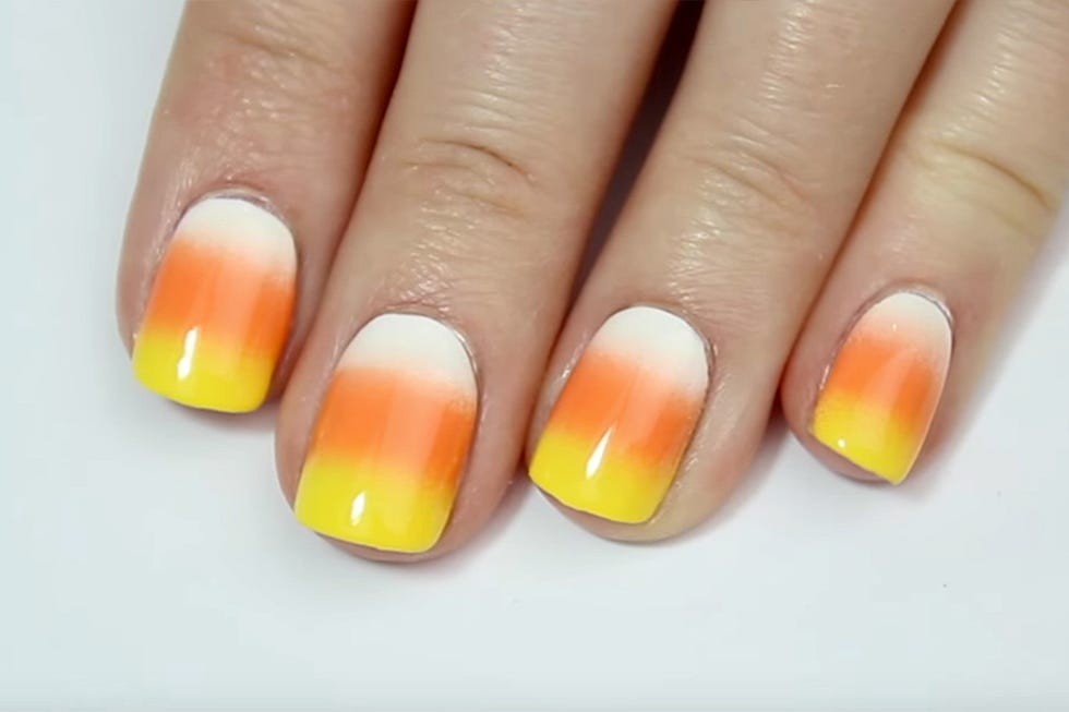 Nail polish, Nail, Manicure, Finger, Orange, Nail care, Cosmetics, Yellow, Peach, Service, 