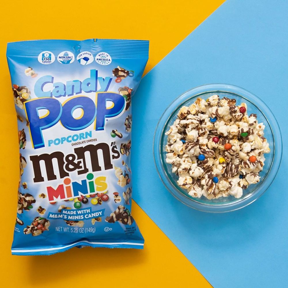 snack pop popcorn made with mm's minis
