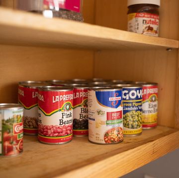 canned goods on kitchen pantry shelf
