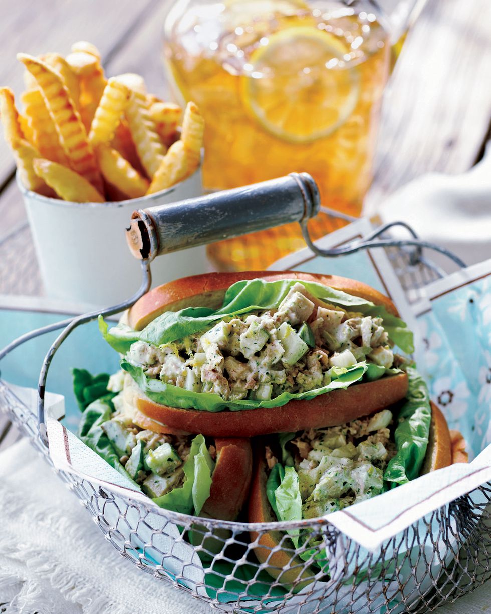 garden tuna salad sandwiches in a metal basket