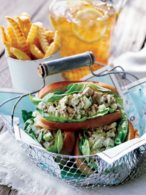 garden tuna salad sandwiches in a metal basket