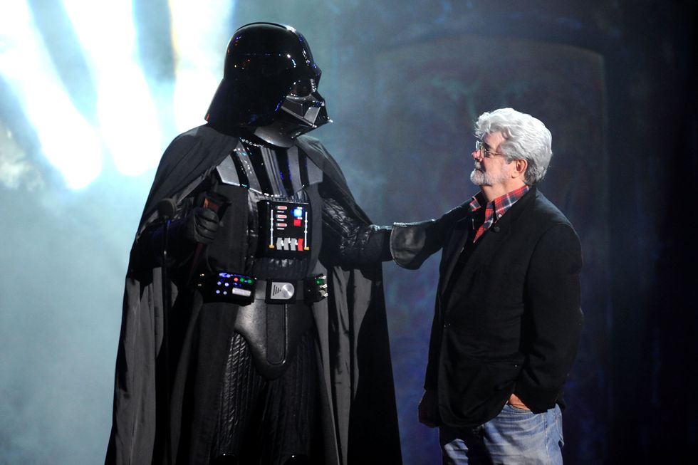 universal city, ca october 15 director george lucas r and darth vader onstage during spike tvs scream 2011 at universal studios on october 15, 2011 in universal city, california photo by jeff kravitzfilmmagic