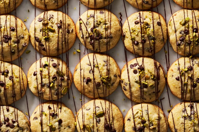 cannoli cookies with chocolate chips and pistachios, drizzled with chocolate