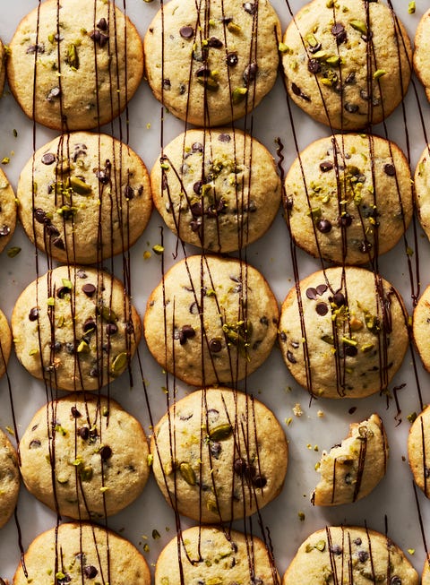 cannoli cookies with chocolate chips and pistachios, drizzled with chocolate