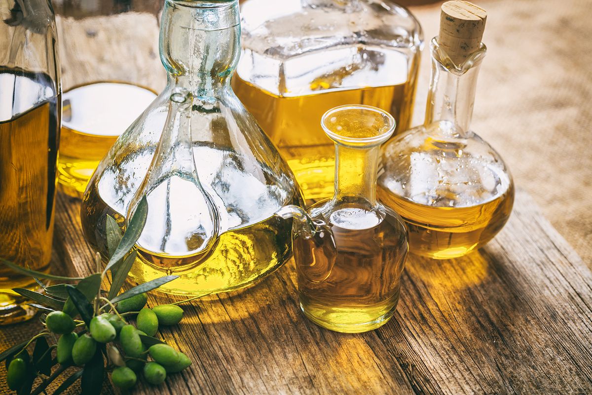 Bottles of olive oil on a table
