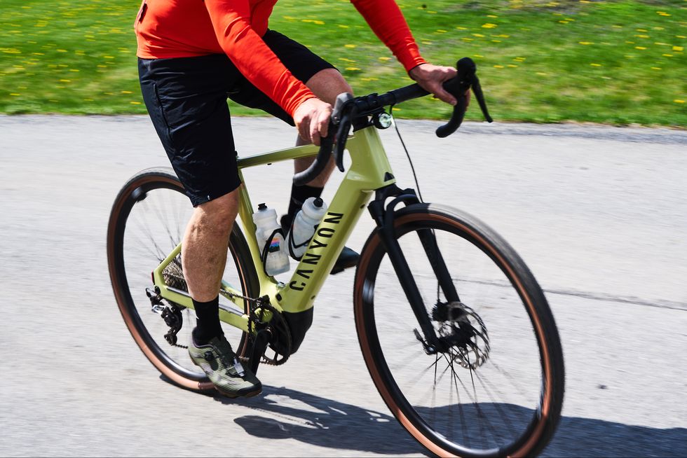 a person riding a canyon grizl on cf 7