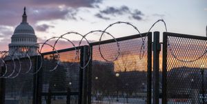 washington, district of columbia, united states   20210123 razor wire and fences still surround the united states capitol building at sunrise a few days after the inauguration of president joe biden and vice president kamala harris the capitol was breached during an insurrection january 6 just days before the inauguration photo by jeremy hogansopa imageslightrocket via getty images