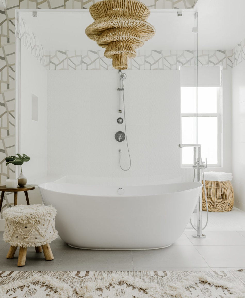 white bathroom with boho accents