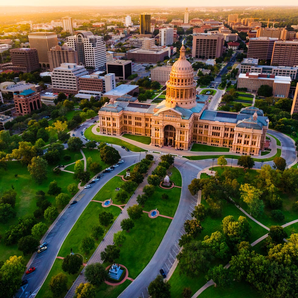 capitol building, aerial skyline, sunset, austin, tx, texas state capital