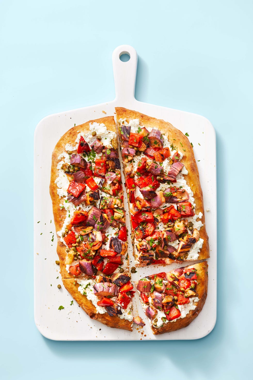 caponata flatbread with grilled summer veggies on top