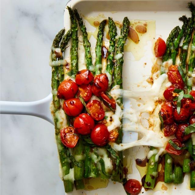caprese asparagus with mozzarella, cherry tomatoes, and balsamic