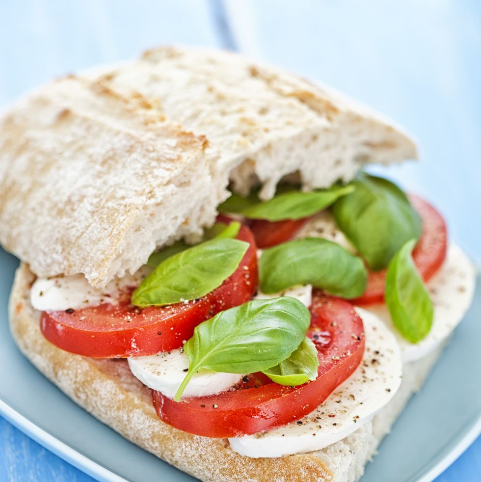 mediterranean diet meal plan mozzarella and tomato sandwich on baguette bread