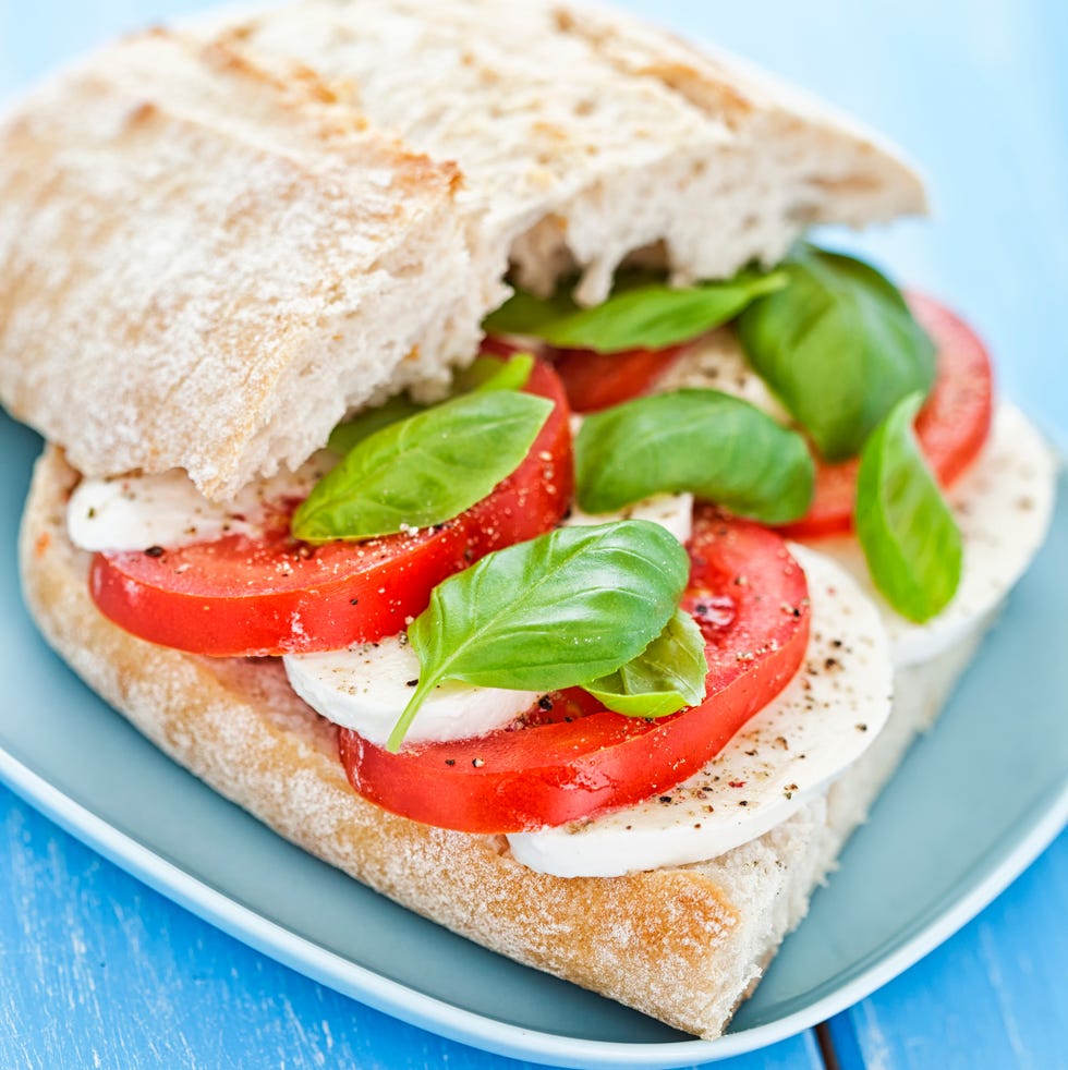 mediterranean diet meal plan mozzarella and tomato sandwich on baguette bread