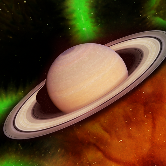 the planet saturn over a background of different colored lights and stars