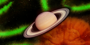 the planet saturn over a background of different colored lights and stars