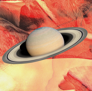 the planet saturn over a swirly red and yellow background