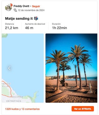 workout summary with distance elevation gain and duration alongside a map and a beach view