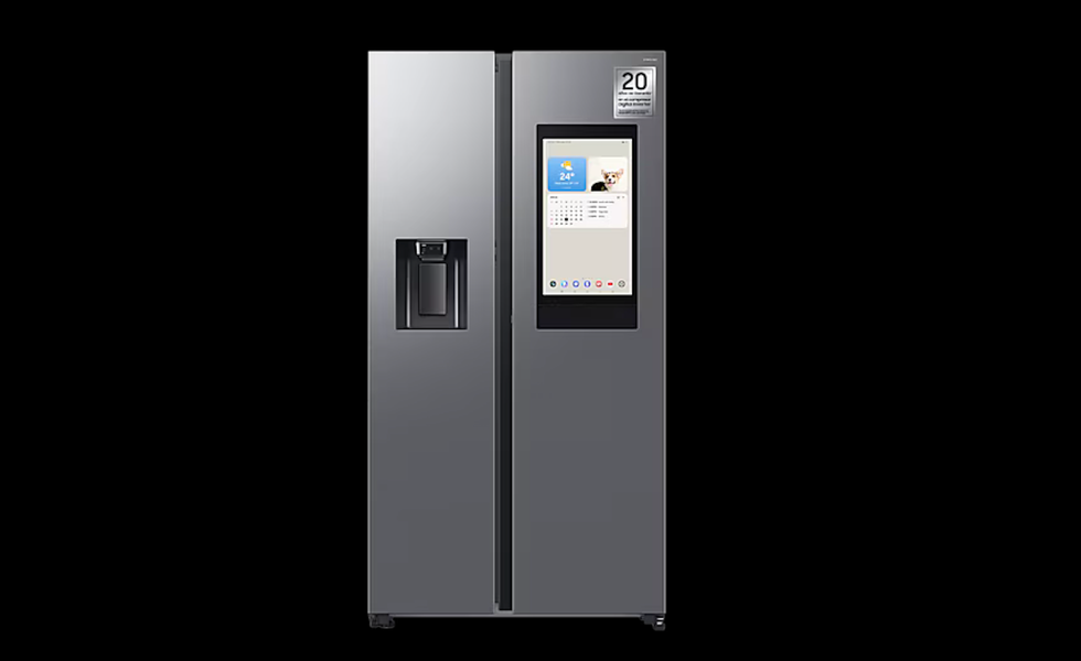 smart refrigerator with a touchscreen display and external water dispenser