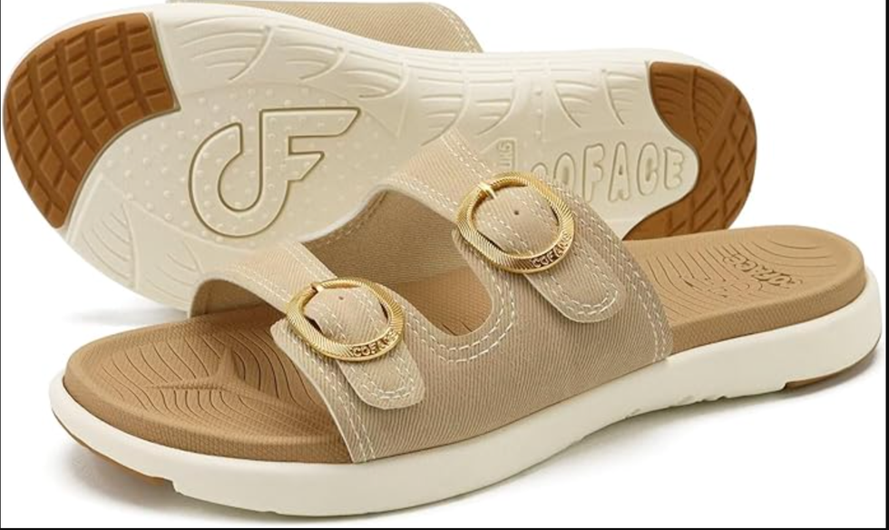 slide sandals with buckle accents