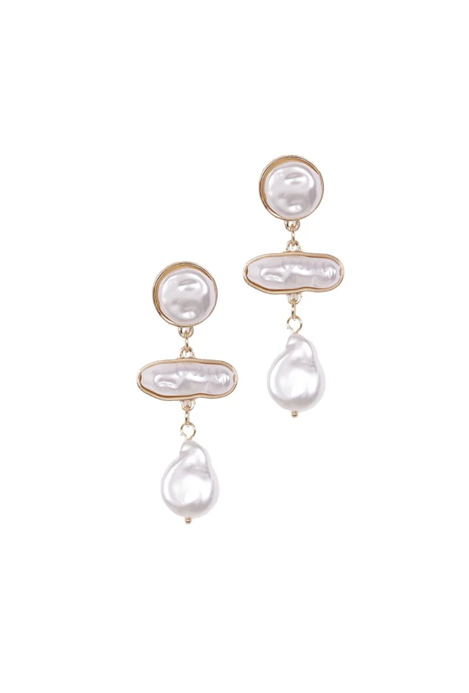 drop earrings featuring irregularly shaped pearls in a gold setting